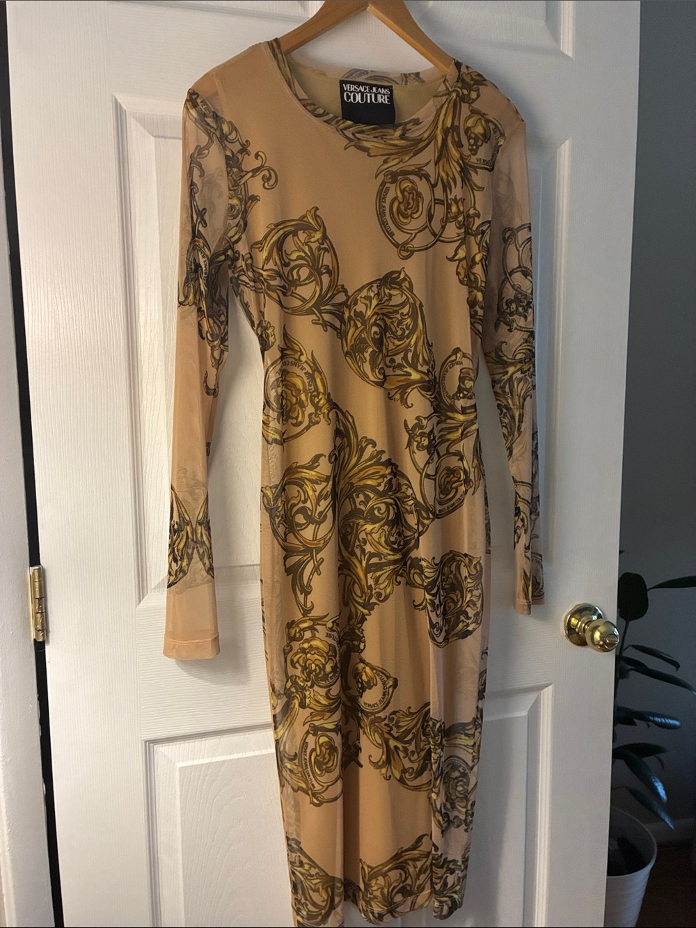 Versace Jeans Collection Beige and Gold Baroque-Print Long Sleeve Dress